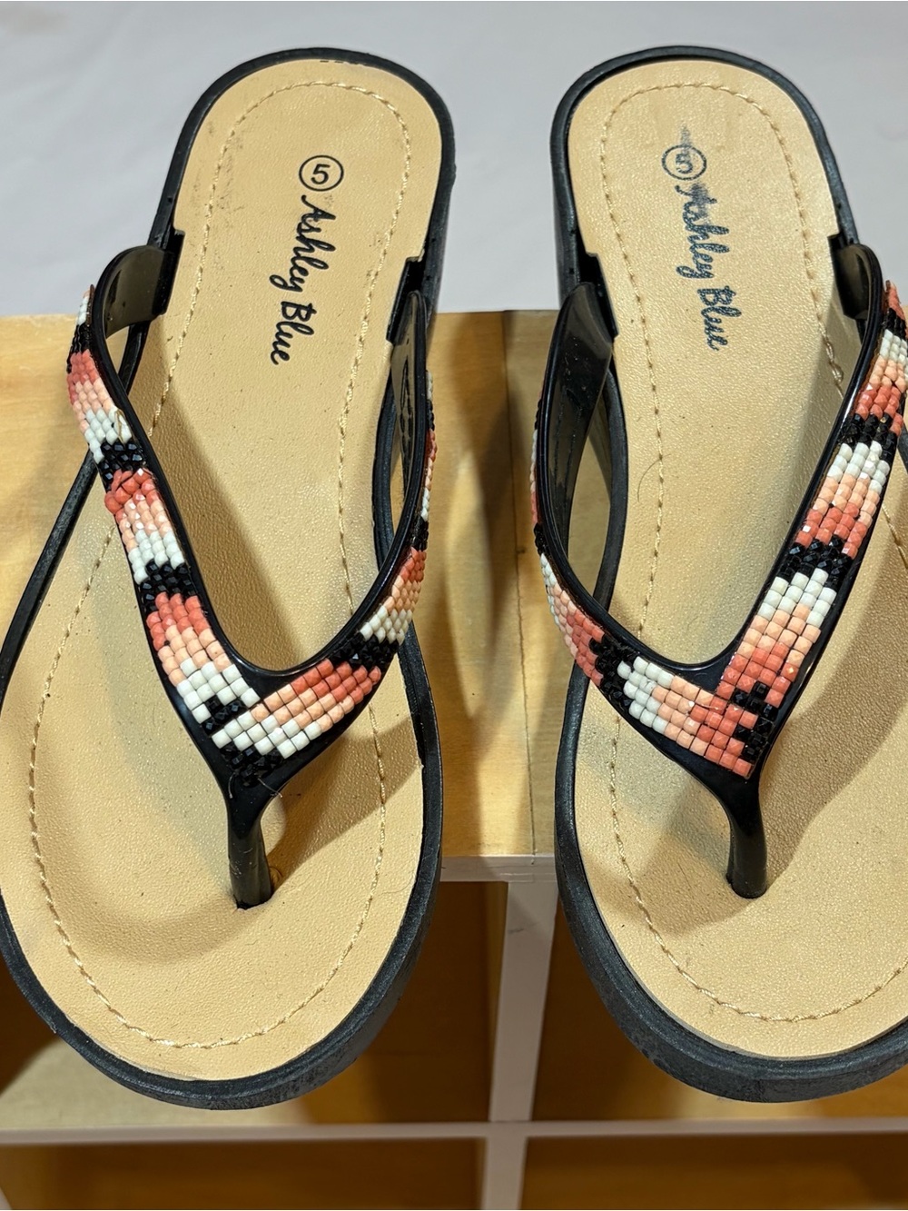 Ashley Blue Coral, White & Black Beaded Thong Sandals
